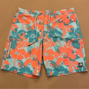 ZeroXposur Men’s Lined Swim Trunks Orange and Blue Tropical Print Large New!